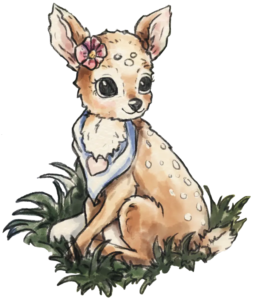 FOTS Forest friend Evie sitting in a patch of grass