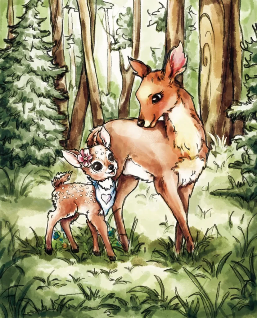 Evie the spirit of love walking in the FOTS Forest with her mother