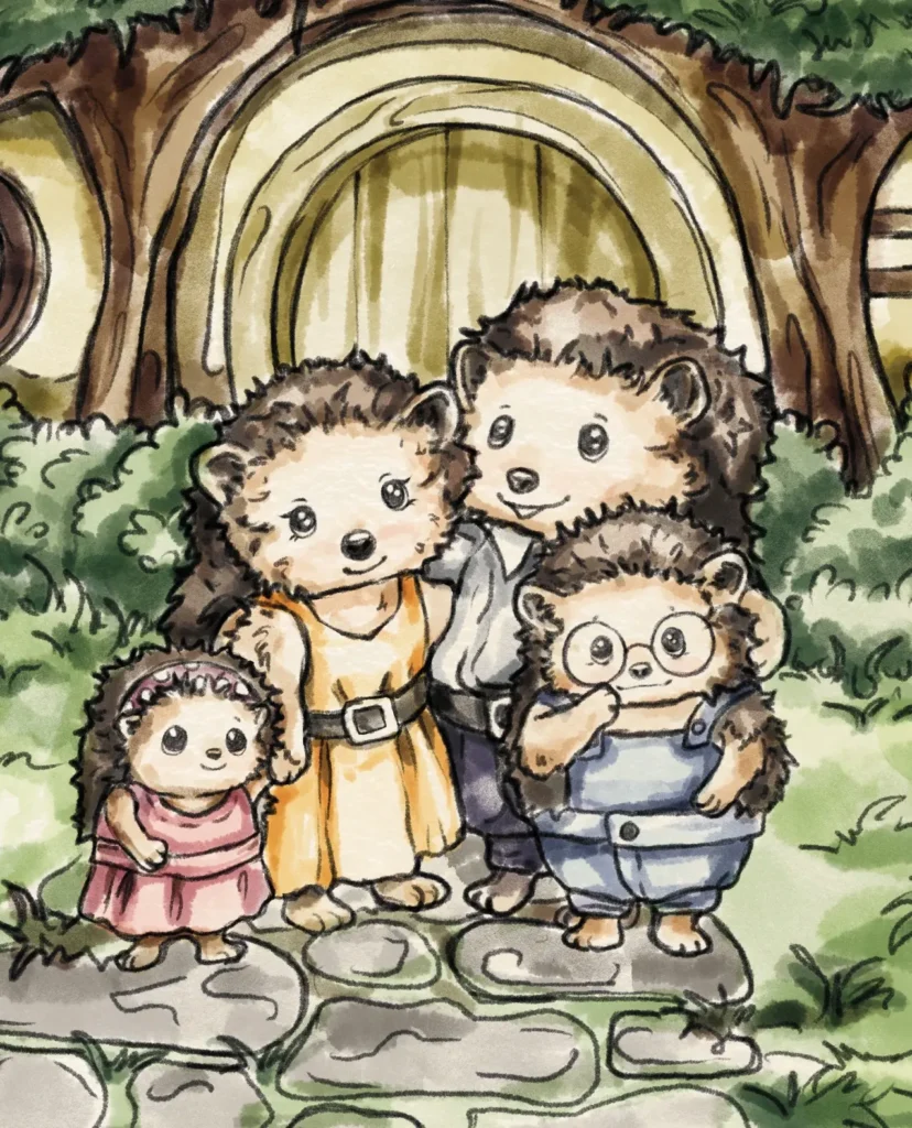 Finley the spirit of peace with mom, dad and little sister outside forest home