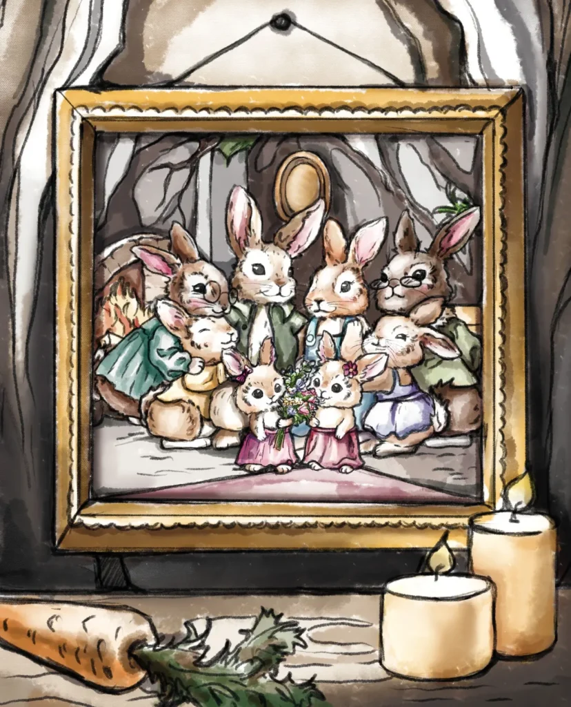 Gunner the spirit of joy bunny family photo in picture frame